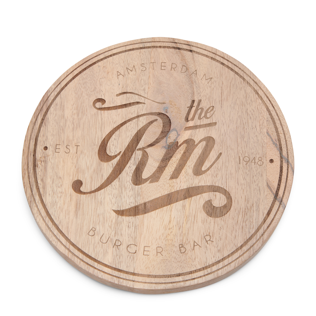 Riviera Maison serveerplank rond hout voor hamburger - Amsterdam Burger Bar Serving Board - Bruin - Mangohout - 1 stuk