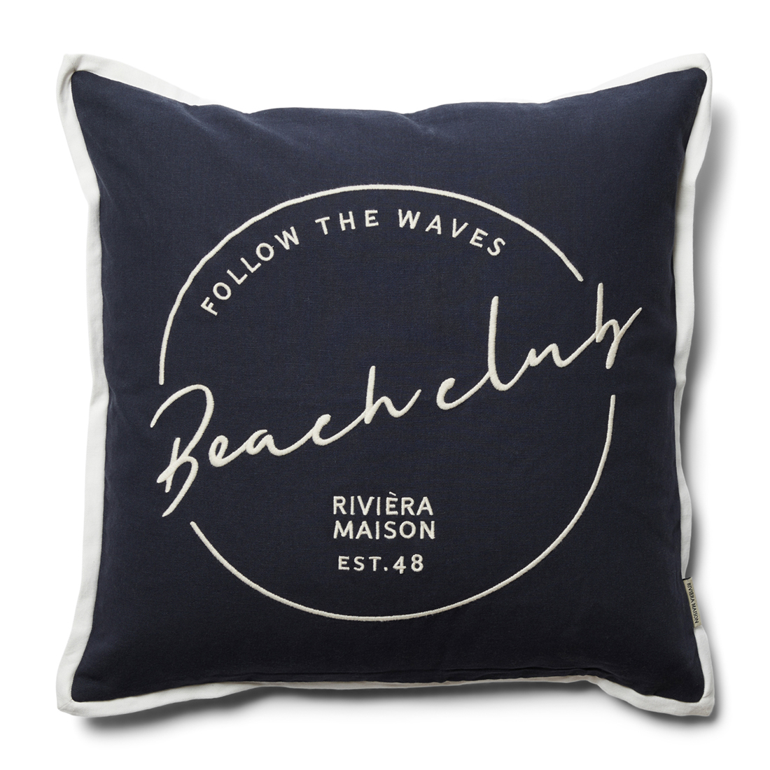 Riviera Maison kussenhoes, Kussensloop 50x50, Sierkussen met tekst - RM Beach Club Pillow Cover - Donkerblauw - Katoen