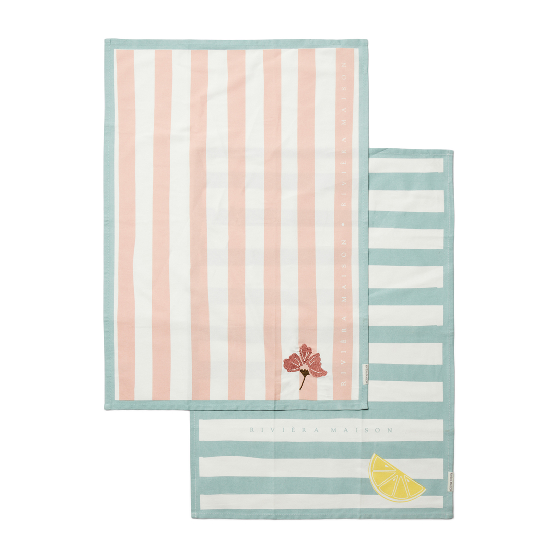 Riviera Maison Theedoeken set van 2, Horizontale - en verticale streep print - RM Summer Vibe Tea Towel - Blauw / Roze - Katoen - 2 stuks