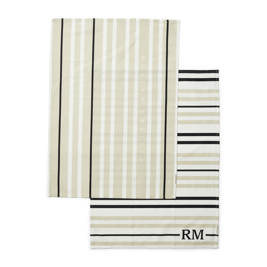 Riviera Maison Theedoeken set van 2, Horizontale - en verticale streep patroon - RM Ubuntu Tea Towel - Wit / Beige - Katoen - 2 stuks