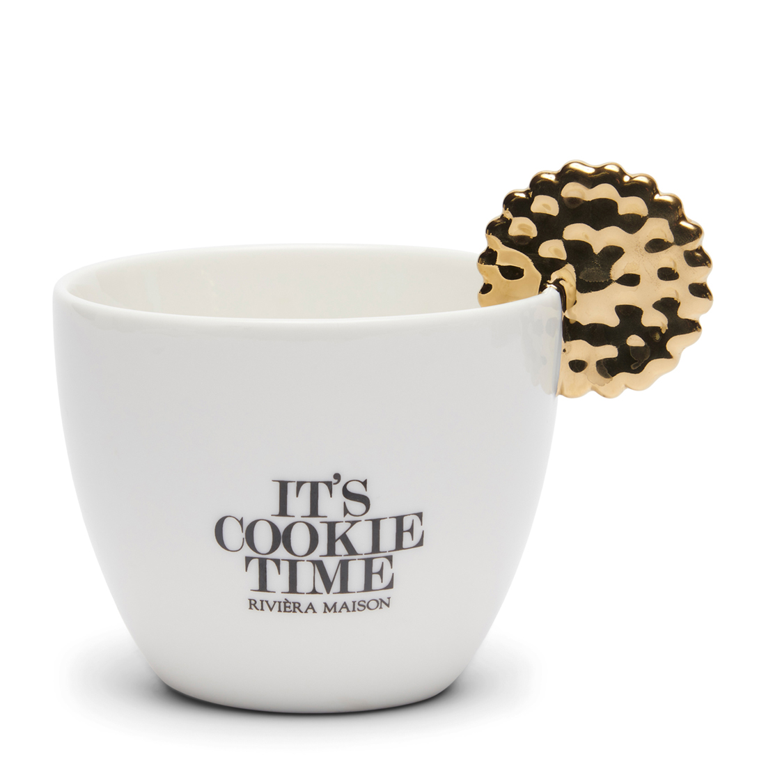 Riviera Maison Koffiemok, Mok/ kopje met Goud detail - It's Cookie Time Mug - Wit - Porselein - 300 ML - 1 stuk