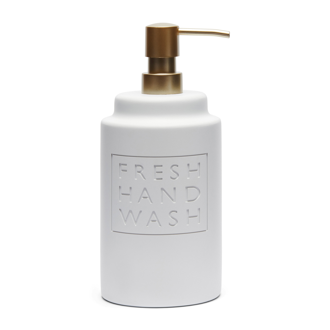 Riviera Maison Zeeppompje met tekst, Zeepdispenset met gouden pompje - Fresh Soap Dispenser - Wit - Polyresin - 920 ML