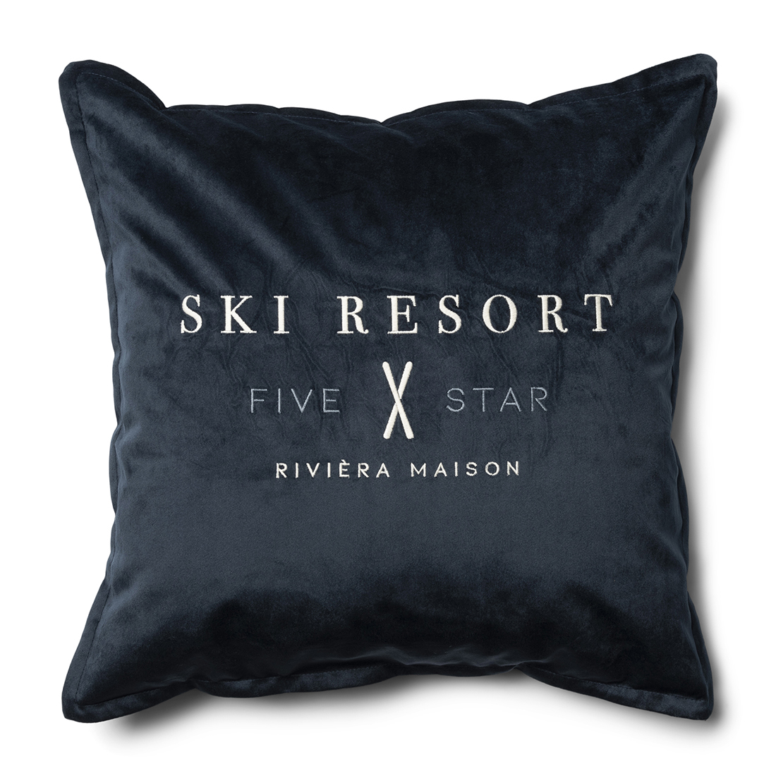 Riviera Maison Kussenhoes, Sierkussen velvet met tekst - RM Ski Resort, Kussensloop 50x50 - Blauw
